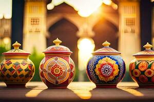 three colorful ceramic jars with designs on them. AI-Generated photo
