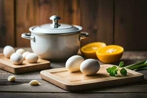 eggs on a cutting board with a pot and a pan. AI-Generated photo