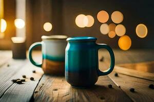 two coffee mugs on a wooden table. AI-Generated photo