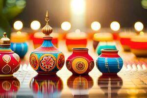 colorful diyas are arranged on a table. AI-Generated photo