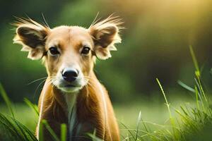 a dog is standing in the grass with its head turned to the camera. AI-Generated photo