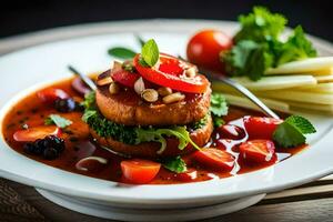 un plato de comida con vegetales y carne. generado por ai foto