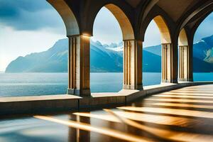 un ver de el montañas y agua desde un arco. generado por ai foto