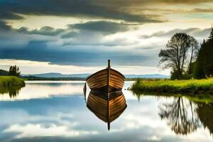 a boat on the water with a cloudy sky. AI-Generated photo