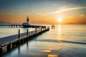 the sun rises over a pier and lighthouse. AI-Generated photo