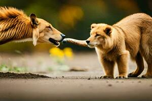 two dogs playing with a stick in the dirt. AI-Generated photo