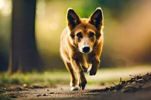 un perro corriendo en un camino en el bosque. generado por ai foto