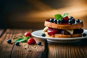a sandwich with berries and a slice of bread. AI-Generated photo