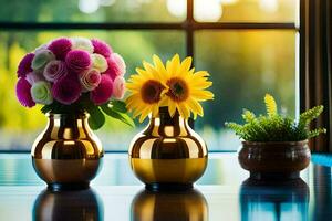 two vases with flowers sitting on a table. AI-Generated photo