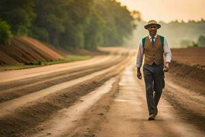 un hombre en un sombrero y chaleco caminando abajo un suciedad la carretera. generado por ai foto