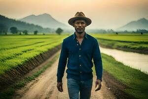 a man in a hat walking down a dirt road. AI-Generated photo