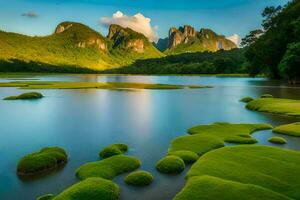 the green mossy rocks in the water are surrounded by mountains. AI-Generated photo