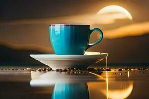 café taza, el luna, reflexión, café, el luna, reflexión, café, el. generado por ai foto