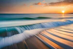 the sun sets over the ocean in this long exposure photograph. AI-Generated photo