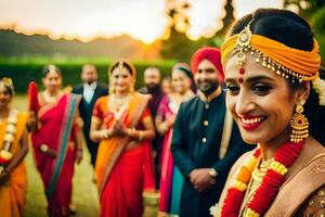 a bride in traditional indian attire with her bridesmaids. AI-Generated photo