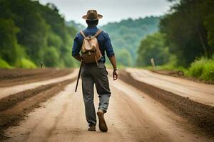 un hombre con un sombrero y mochila caminando abajo un suciedad la carretera. generado por ai foto