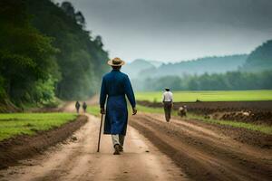 a man walking down a dirt road with a cane. AI-Generated photo