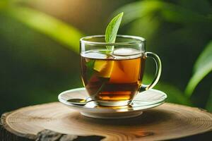 a cup of tea with a leaf on top. AI-Generated photo