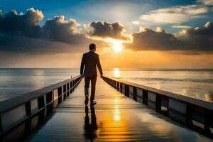 un hombre caminando en un muelle a puesta de sol. generado por ai foto