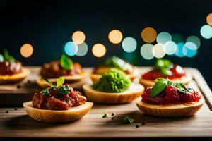 small appetizers on a wooden board with lights in the background. AI-Generated photo