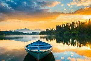 the boat on the lake at sunset. AI-Generated photo