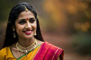 un mujer en un sari sonriente. generado por ai foto