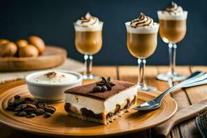 a dessert with coffee and chocolate on a wooden table. AI-Generated photo