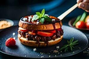 a person is holding a burger with berries and mint. AI-Generated photo