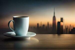 coffee cup on the table with cityscape in the background. AI-Generated photo