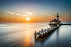 a lighthouse stands on a pier at sunset. AI-Generated photo