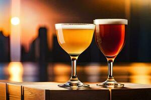 two glasses of beer on a table in front of a city skyline. AI-Generated photo