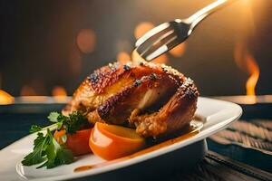 a chicken is served on a plate with a fork. AI-Generated photo
