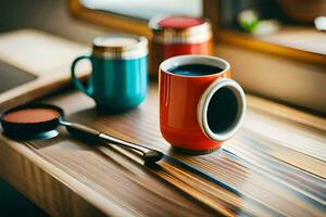 a coffee cup and spoon on a table. AI-Generated photo