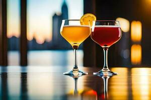two glasses of different colored drinks sit on a table. AI-Generated photo