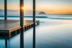 un muelle en el Oceano a puesta de sol. generado por ai foto