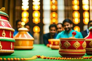 a table with colorful pots and bowls on it. AI-Generated photo