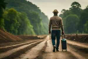 man walking on dirt road with suitcase. AI-Generated photo