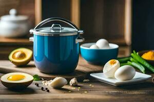 a blue pot with eggs, an egg timer and other ingredients. AI-Generated photo