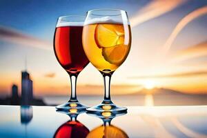 two glasses of wine with a sunset in the background. AI-Generated photo