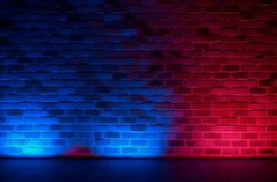 Neon blue red brick wall. Generate AI photo
