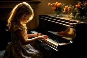 Serene Girl plays piano in light. Generate Ai photo