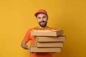 hombre Pizza cajas apilar en mano. generar ai foto