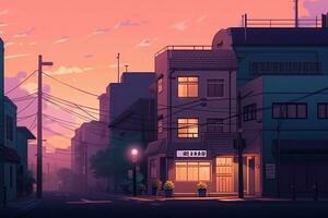 Japanese city sunset street anime art. Generate Ai photo