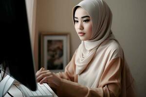 bonito mujer hijab trabajando a computadora monitor. generar ai foto