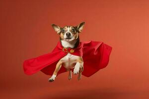 superhéroe perro capa en rojo antecedentes. generar ai foto