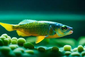 a fish in an aquarium with green algae. AI-Generated photo