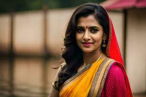 a beautiful woman in a colorful sari. AI-Generated photo
