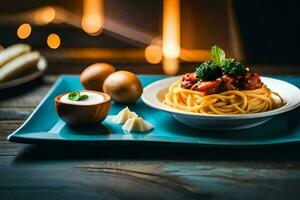 spaghetti with meatballs and broccoli on a blue plate. AI-Generated photo