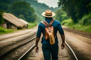 a man with a hat and backpack walking on railroad tracks. AI-Generated photo