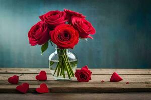 red roses in a vase on a wooden table. AI-Generated photo